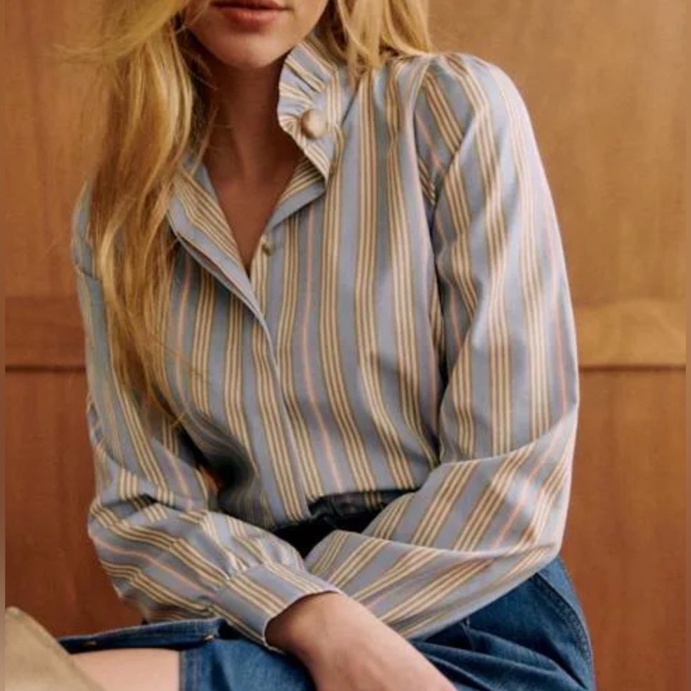 Sezane Ambre Cotton Blouse Womens 46 14 Blue Pink Stripes NWT